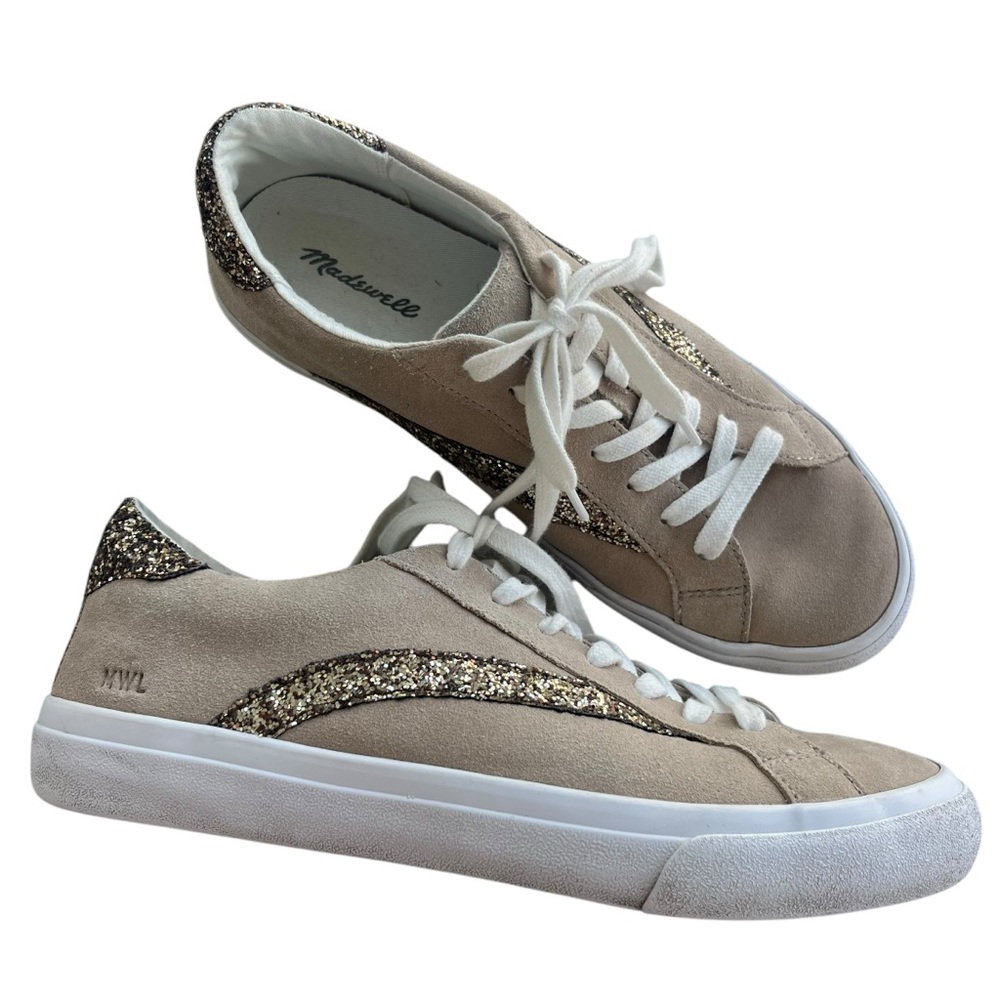 Madewell Womens 10 Gold Glitter Accented Tan Suede Sidewalk Low Top Sneaker 3246